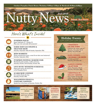 A promotional flyer for Bates Nut Farm featuring a large autumn-themed header with pumpkins and the text 'Nutty News Fall 2026,' plus sections for event highlights, pumpkin patch hours, fair schedule, and contact information with small photos.